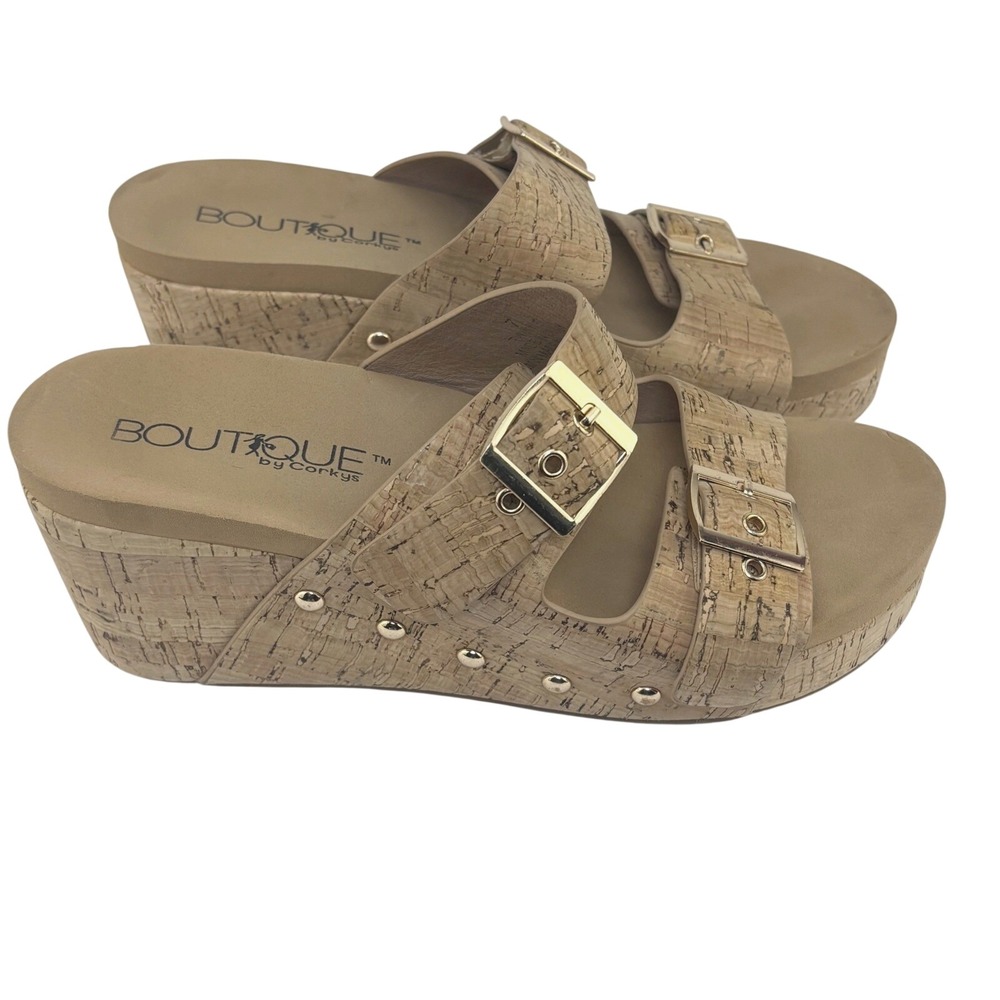 Boutique by Corkys Twinkie Wedge Sandals Tan Cork Studded Boho Cushioned Size 7